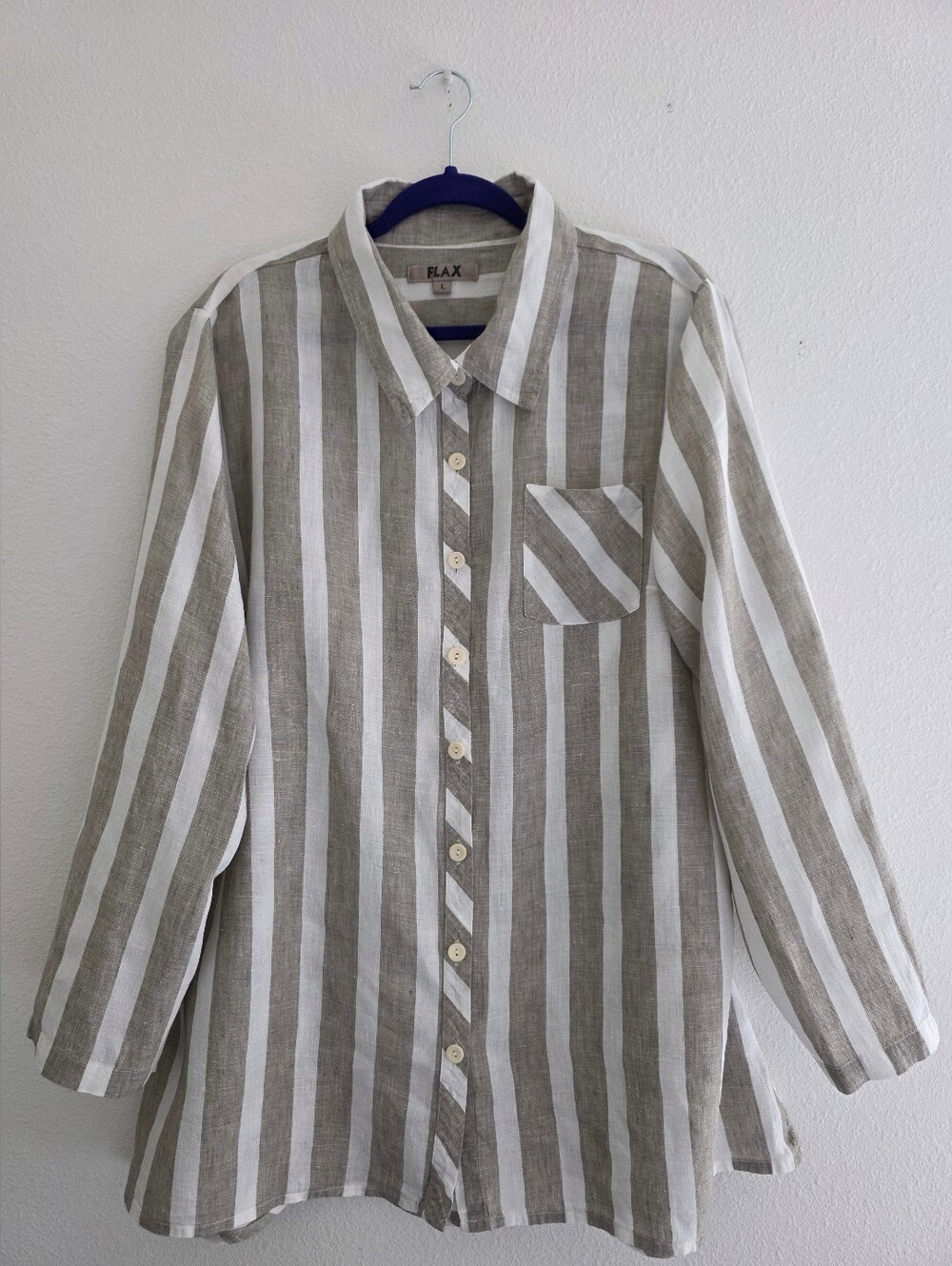 FLAX brand Women Neutral-Toned Vertical Striped 100% Linen Button Up Shirt Sz L